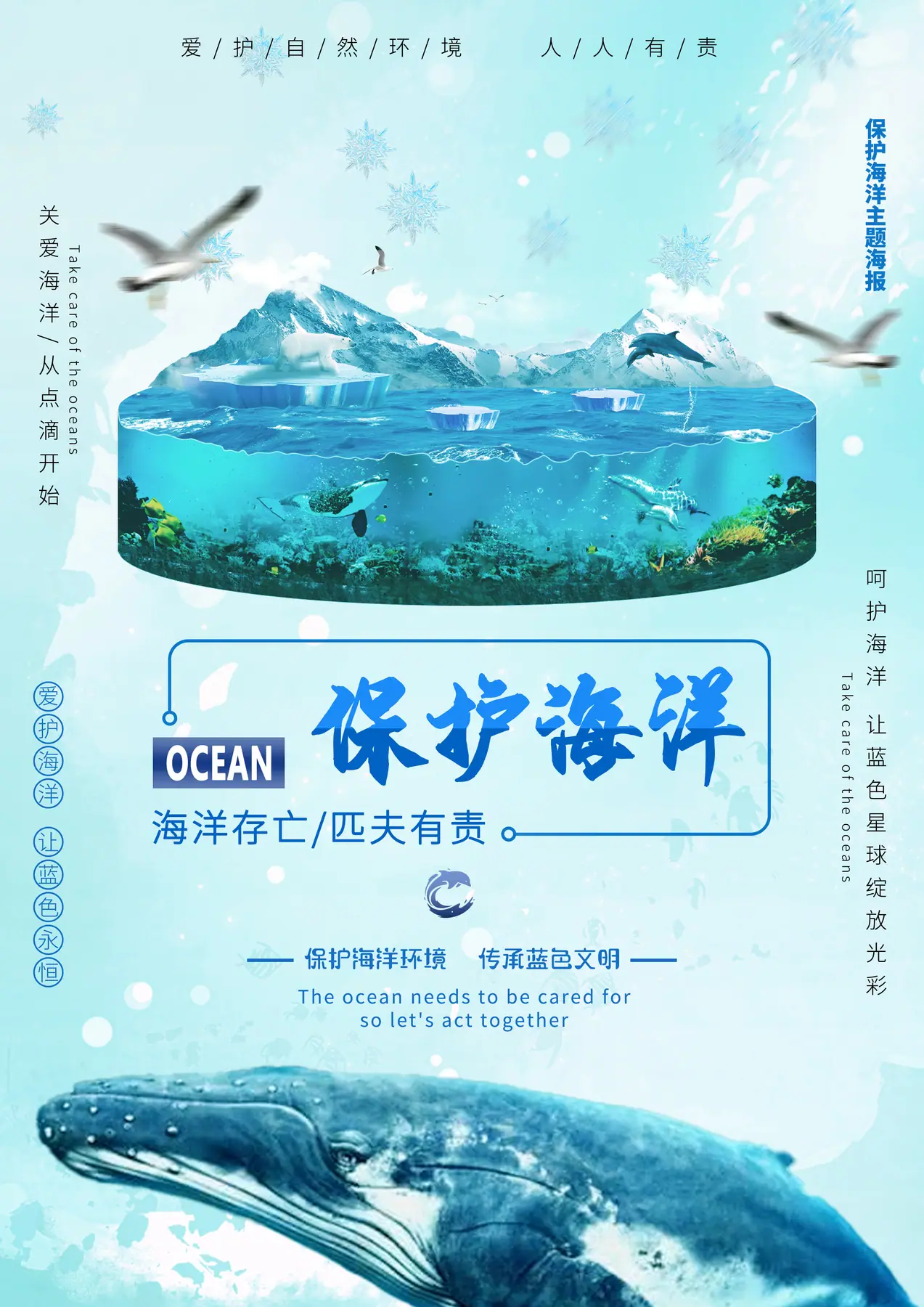 蔚蓝共生海洋环保静态海报 1